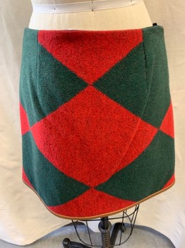 Womens, Skirt, Mini, TORY BURCH, Forest Green, Red, Navy Blue, Gray, Wool, Color Blocking, 4, Brown Leather Trim, Zip Side,