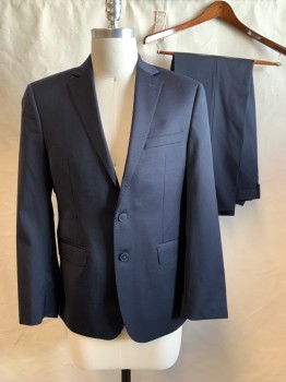 CALVIN KLEIN, Navy Blue, Wool, Solid, Single Breasted, Collar Attached, Notched Lapel, Hand Picked Collar/Lapel, 2 Buttons,  3 Pockets