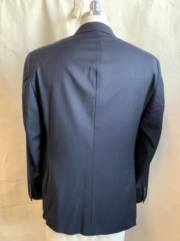 CALVIN KLEIN, Navy Blue, Wool, Solid, Single Breasted, Collar Attached, Notched Lapel, Hand Picked Collar/Lapel, 2 Buttons,  3 Pockets