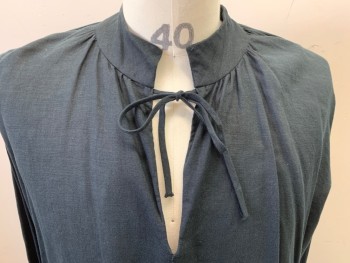 Mens, Historical Fiction Shirt, MTO, Black, Cotton, Linen, Solid, 36-40, Long Sleeves, Self Ruffled Cuffs, Stand Collar Split V-neck, Self Tie Neck, Pullover, 1600's , Small Hole on Back Shoulder
