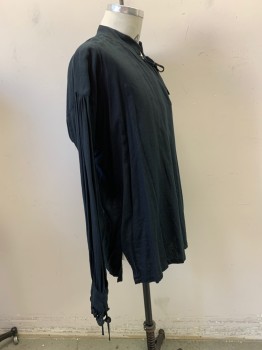 MTO, Black, Cotton, Linen, Solid, Long Sleeves, Self Ruffled Cuffs, Stand Collar Split V-neck, Self Tie Neck, Pullover, 1600's , Small Hole on Back Shoulder