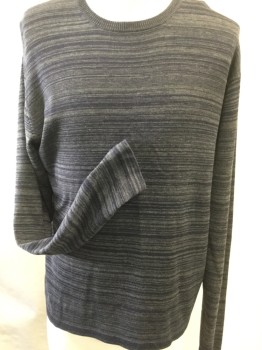 Mens, Pullover Sweater, PERRY ELLIS, Navy Blue, Gray, Silk, Cotton, Stripes, L, Long Sleeves, Crew Neck, Horizontal Knit Stripes