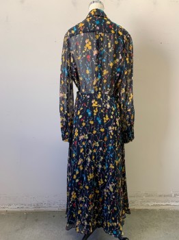 Womens, Dress, Long & 3/4 Sleeve, EQUIPMENT, Navy Blue, Yellow, Red, Blue, Pink, Silk, Floral, 6, V-neck, Surplice, Collar Attached, Pleated at CB, Self Tie Belt, Sheer Sleeves, Hem Below Knee, Solid Navy Poly Lining