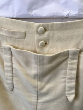 Mens, Historical Fiction Pants, N/L, Cream, Cotton, Solid, W:36, Military Uniform Breeches, Brushed Twill, Fall Front, Knee Length, Gold Buttons at Leg Opening, Lacings/Ties at Center Back Waist, Made To Order Reproduction Late 1700's Early 1800's