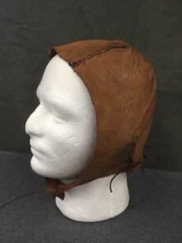 Unisex, Historical Fiction Headpiece, MTO, Brown, Leather, Solid, Patchwork, O/S, Leather Hood, Lace Up Back/Sides/Front, Open Face Front