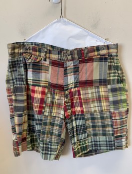 Mens, Shorts, POLO RALPH LAUREN, Multi-color, Cotton, Plaid, Patchwork, W:34, Madras Plaid, Flat Front, Zip Fly, 8.5" Inseam,  5 Pockets (Including 1 Watch Pocket), Belt Loops