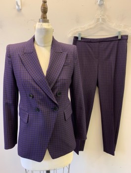 ELIE TAHARI, Purple, Black, Brown, Polyester, Viscose, Check , Double Breasted, Peaked Lapel, Padded Shoulders, 3 Pockets, Black Lining