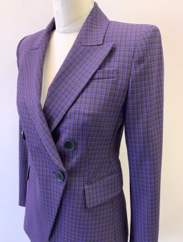 ELIE TAHARI, Purple, Black, Brown, Polyester, Viscose, Check , Double Breasted, Peaked Lapel, Padded Shoulders, 3 Pockets, Black Lining