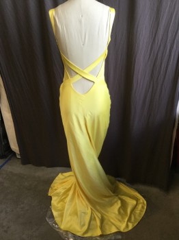 Womens, Evening Gown, FOX 92, Yellow, Silk, Solid, W:28, B:32, 1" Wide V-neck & Straps, Dark Yellow Lining, 1" Seams Waist, Cut-out Criss-cross Back, Side Zip,