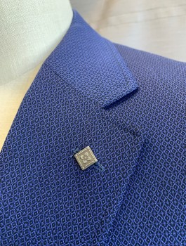 TED BAKER, Navy Blue, Midnight Blue, Wool, Cotton, Diamonds, Tiny Busy Diamond Pattern, Single Breasted, Notched Lapel, 2 Buttons, 4 Pockets, Silver Square Pin at Lapel, Lining is Black with Tiny Gray and Purple Diamond Pattern