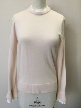 CLUB MONACO, Lt Pink, White, Wool, Polyester, Solid, Knit, White Woven Ruffle at Neck and Cuffs, Crew Neck, Slightly Flared Cuffs