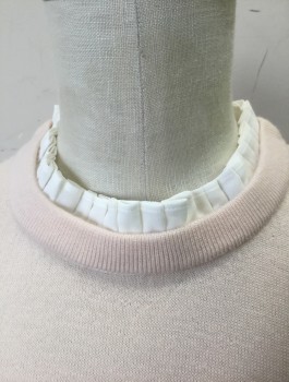 CLUB MONACO, Lt Pink, White, Wool, Polyester, Solid, Knit, White Woven Ruffle at Neck and Cuffs, Crew Neck, Slightly Flared Cuffs