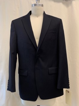 MICHAEL KORS, Navy Blue, Wool, Polyester, Solid, Notched Lapel, Collar Attached, 2 Pockets, Missing Buttons