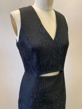 JONATHAN SIMKHAI, Black, Midnight Blue, Polyester, Nylon, Abstract , Textured Brocade, Sleeveless, V-neck, Cutout at Center Front Waist, Fitted Through Hips, Midi Length, Vent at Side Front