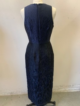 Womens, Cocktail Dress, JONATHAN SIMKHAI, Black, Midnight Blue, Polyester, Nylon, Abstract , Sz.4, Textured Brocade, Sleeveless, V-neck, Cutout at Center Front Waist, Fitted Through Hips, Midi Length, Vent at Side Front