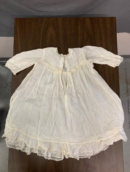 Childrens, Dress 1890s-1910s, N/L, White, Cotton, Solid, C:18", Long Sleeves, Square Neck with Lace Trim, Tiny Embroidered Flowers at Chest, Lace Ruffle Yoke Across Chest, Ruffle with Lace Trim at Hem, Opening in Back Missing Closures,