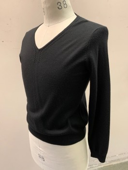 BROOKS BROTHERS, Black, Wool, Silk, Solid, Knit, Long Sleeves, V-neck