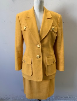 Womens, 1990s Vintage, Suit, Jacket, GUY LAROCHE BOUTIQUE, Mustard Yellow, Cotton, Solid, B:36, Coarse Weave Fabric, Single Breasted, Notched Lapel, 2 Oversized Irregular Shaped Gold Buttons, 4 Pocket Flaps with Gold Button Detail, Padded Shoulders,