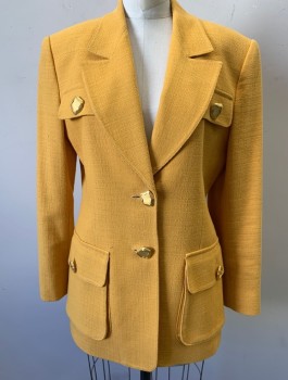 Womens, 1990s Vintage, Suit, Jacket, GUY LAROCHE BOUTIQUE, Mustard Yellow, Cotton, Solid, B:36, Coarse Weave Fabric, Single Breasted, Notched Lapel, 2 Oversized Irregular Shaped Gold Buttons, 4 Pocket Flaps with Gold Button Detail, Padded Shoulders,