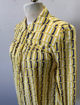 Womens, Blouse, MAEVE, Yellow, Navy Blue, White, Modal, Novelty Pattern, Sz.0, Repeating Dachshund Weiner Dog Print, Long Sleeves, Button Front, Peter Pan Collar, Self Ruffled Yoke, Elastic Cuffs with Ruffled Edges