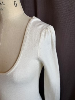 Womens, Pullover, FRENCH CONNECTION, White, Acrylic, Polyamide, Solid, S, Deep Scoop Neck, Gathered Sleeve Inset, Long Sleeves, Ribbed Knit Cuff