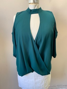 Womens, Top, LILIAN, Teal Green, Polyester, Solid, 3XL, Chiffon, 3/4 Sleeves with Open Shoulder Cutouts, Stand Collar, Plunging Surplice V-neck with Drapey Wrapped Detail, 2 Buttons at Center Back Neck
