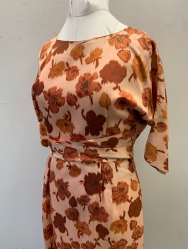 N/L, Apricot Orange, Rust Orange, Silk, Floral, 3/4 Sleeves, Bateau/Boat Neck, Self Waistband with Belt Tabs at Back Waist with Snaps, Knee Length, Straight Fit in Hips, Center Back Zipper,