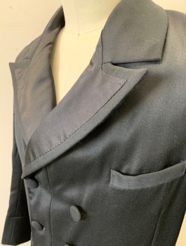 N/L, Black, Wool, Frockcoat, Satin Peaked Lapel, Double Breasted, 6 Fabric Covered Buttons with Self Checkered Pattern, Button Front, 1 Pocket