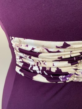 Womens, Dress, Sleeveless, JESSICA HOWARD, Aubergine Purple, Cream, Polyester, Spandex, Solid, Abstract , 14W, Stretchy Material, Scoop Neck, Cream/Purple/White Patterned 3" Wide Waistband with Ruching at Intervals, A-Line, Hem Below Knee