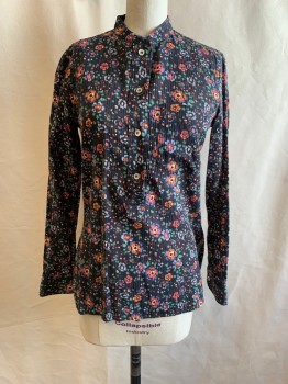 Womens, Top, ISABEL MARANT, Black, Sky Blue, Orange, Beige, Green, Cotton, Floral, S, Collar Band, Button Front, Long Sleeves, Chemically Pleated, Slit Sides