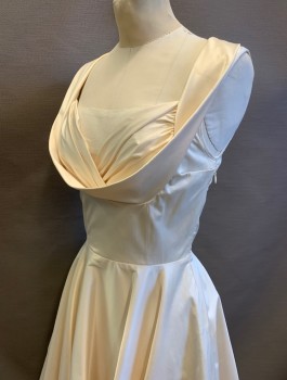 Womens, Cocktail Dress, CANDICE GWINN, Cream, Polyester, Cotton, Solid, W:24, B:32, Stretchy Sateen, Sleeveless, Cowl/Gathered Sweetheart Neckline, Flared Circle Skirt, Knee Length, Retro Pinup 50's Inspired, Invisible Zipper at Side