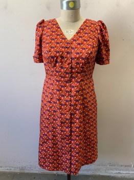 Womens, Dress, Short Sleeve, MTO, Burnt Orange, Blue, Green, Almond, Pink, Silk, Floral, W36, B38, Button Front with Covered Buttons, Small Shoulder Pad, V-neck,