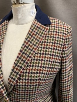Womens, Blazer, JONES NEW YORK, Tan Brown, Navy Blue, Maroon Red, Olive Green, Multi-color, Acrylic, Houndstooth, 14, Single Breasted, 2 Bttns, Notched Lapel, 3 Flap Pockets, Gold Crest Buttons, Single Vent, **sleeves Have Been Shortened...