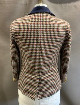 Womens, Blazer, JONES NEW YORK, Tan Brown, Navy Blue, Maroon Red, Olive Green, Multi-color, Acrylic, Houndstooth, 14, Single Breasted, 2 Bttns, Notched Lapel, 3 Flap Pockets, Gold Crest Buttons, Single Vent, **sleeves Have Been Shortened...