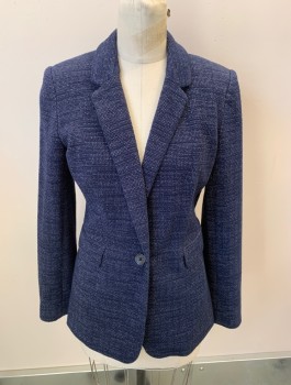 Womens, Blazer, DKNY, Navy Blue, White, Poly/Cotton, Spandex, 2 Color Weave, B 36, 6, Single Breasted, 1 Bttn, Notched Lapel, 2 Pckts With Flaps, Single Vent