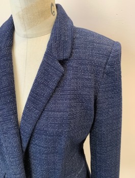 Womens, Blazer, DKNY, Navy Blue, White, Poly/Cotton, Spandex, 2 Color Weave, B 36, 6, Single Breasted, 1 Bttn, Notched Lapel, 2 Pckts With Flaps, Single Vent
