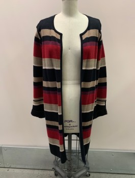 Womens, Sweater, CHICOS, Black, Lt Brown, Multi-color, Cotton, Nylon, Stripes, 2, Open Front, Folded Cuffs, Long, Red And Maroon Stripes