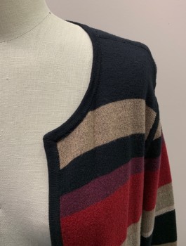 CHICOS, Black, Lt Brown, Multi-color, Cotton, Nylon, Stripes, Open Front, Folded Cuffs, Long, Red And Maroon Stripes