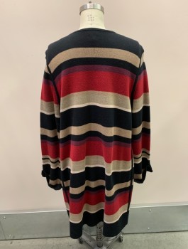 CHICOS, Black, Lt Brown, Multi-color, Cotton, Nylon, Stripes, Open Front, Folded Cuffs, Long, Red And Maroon Stripes
