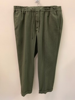 Mens, Casual Pants, NN07, Olive Green, Poly/Cotton, Viscose, Solid, L30, W38, Zip Front, Hook Closure, Drawstring, 4 Pockets, Back Pockets Zip, Cuffed