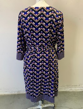 Womens, Dress, Long & 3/4 Sleeve, INC , Black, Royal Blue, Brown, White, Polyester, Spandex, Geometric, Chevron, 3X, Stretchy, 3/4 Sleeves, Surplice V-neck, A-Line, Knee Length, **With Matching Fabric BELT