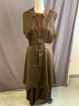 Womens, Dress, Piece 1, 1890s-1910s, NL, Burnt Umber Brn, Wool, Solid, B.38, Top - Slvls, C.A., Layered, Fastened at Center with Hooks, Chest Cover Attached, Sewn on & Attached with Snap Buttons, 2 Sets of Decorative Buttons Above Waist & 2 Below Waist, Collar Decorated with Tube Like Stones