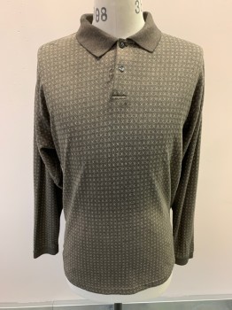 VAN HEUSEN, Brown, Taupe, Beige, Poly/Cotton, Heathered, Dots, C.A., 1/4 Button Front, L/S, Distressed Placket