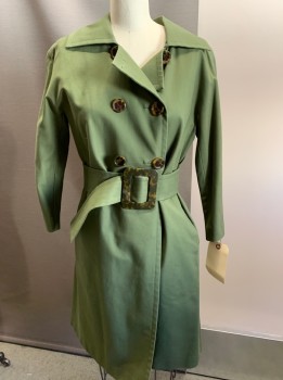 CHARLES NOLAN, Olive Green, Cotton, Spandex, Solid, 2 PC., Double Breasted, C.A., with Belt, 2 Pckts, 3/4 Slvs