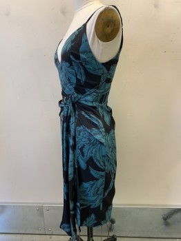 C/MED COLLECTIVE, Black, Jade Green, Polyester, Floral, Spaghetti Strap, V Neck, Crossover, Side Knot, Back Zipper,