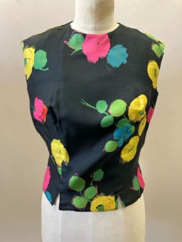 BONWIT TELLER, Black, Hot Pink, Red, Green, Yellow, Silk, Floral, Round Neck, Button Back, Sleeveless, Seamed, Split Hem