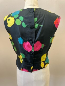 BONWIT TELLER, Black, Hot Pink, Red, Green, Yellow, Silk, Floral, Round Neck, Button Back, Sleeveless, Seamed, Split Hem