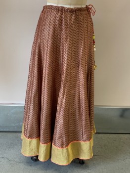 Womens, Historical Fiction Skirt, NL, Rust Orange, Lt Beige, Gold, Coral Orange, Synthetic, Abstract , Solid, W 32, Drawstring Waist Cording, Tie with Bead & Metal Charms, Side Zip, Multiple Panels, Hem Maxi, Solid Bottom Border
