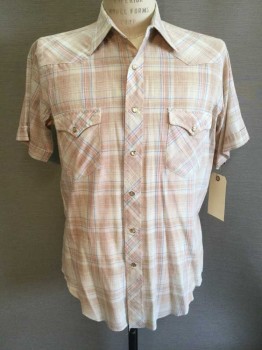 Maverick, Lt Blue, Lt Pink, Tan Brown, Polyester, Cotton, Plaid, Short Sleeve,  Collar Attached, Snap Front, Western Style Chest Pockets with Flaps and Snaps
