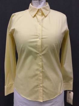 LIZ CLAIBORNE, Yellow, Cotton, Spandex, Solid, Button Front, Collar Attached,  Long Sleeves,